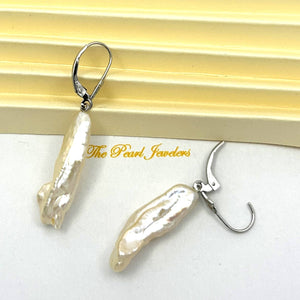 Solid 14k White Gold Leverback Baroque Biwa Pearl Dangle Earrings