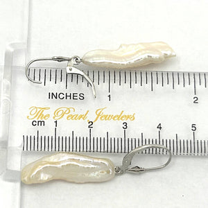 Solid 14k White Gold Leverback Baroque Biwa Pearl Dangle Earrings