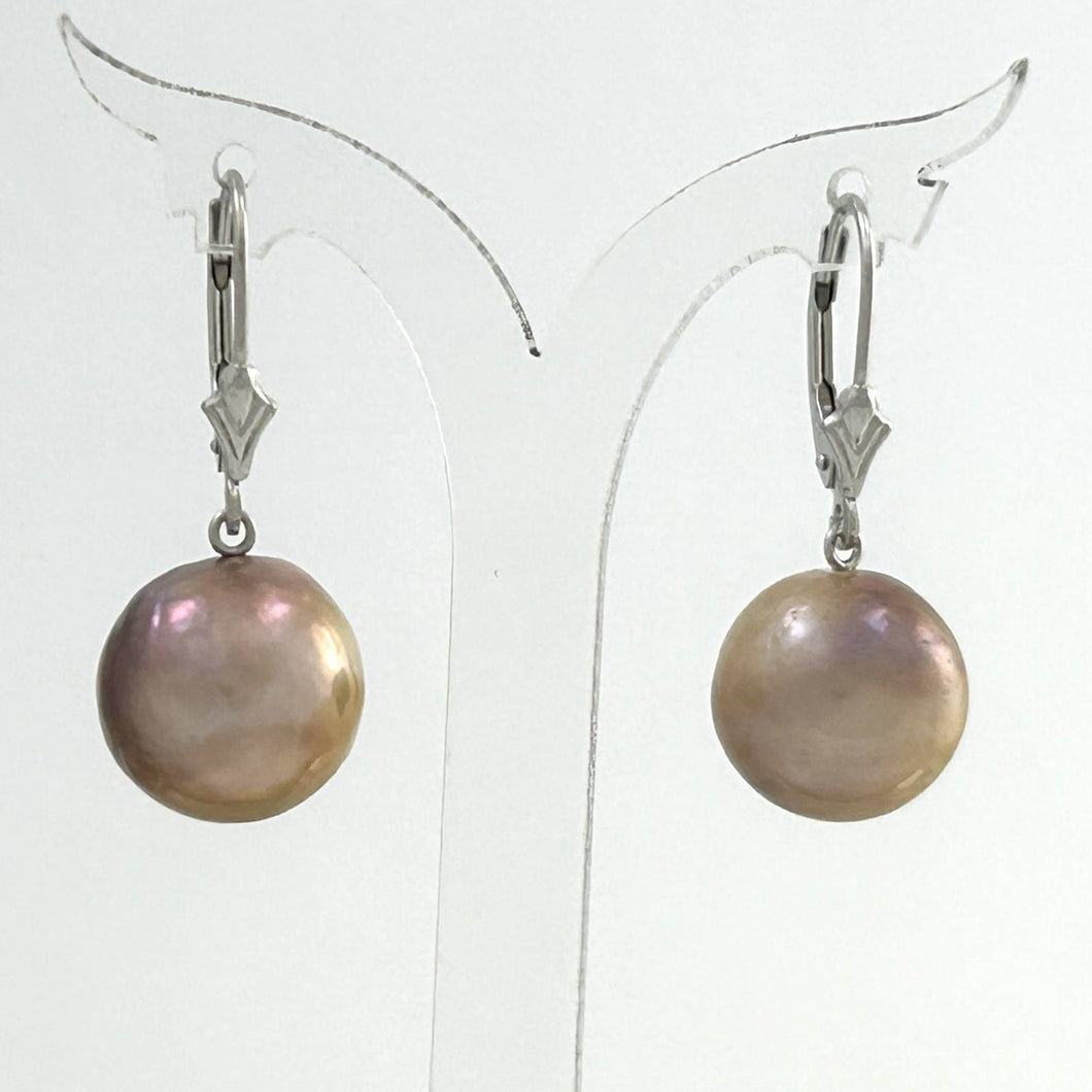 Solid 14k White Gold Leverback Baroque Mocha Pearl Dangle Earrings