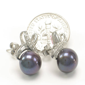 Solid 14k White Gold Six-Diamond Black Pearl Stud Earrings
