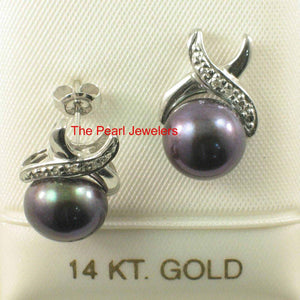 Solid 14k White Gold Six-Diamond Black Pearl Stud Earrings
