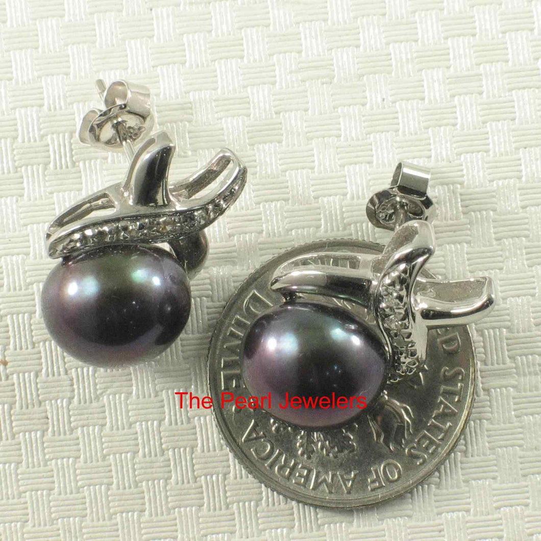 Solid 14k White Gold Six-Diamond Black Pearl Stud Earrings