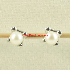 Solid 14k White Gold Square Four Hearts White Cultured Pearl Stud Earrings