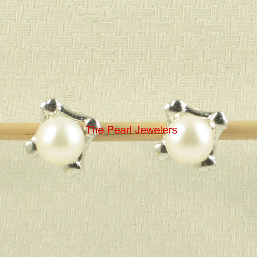 Solid 14k White Gold Square Four Hearts White Cultured Pearl Stud Earrings