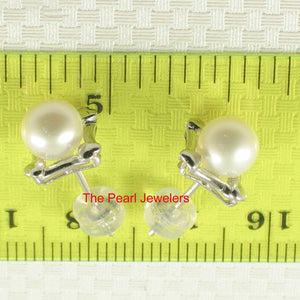 Solid 14k White Gold Square Four Hearts White Cultured Pearl Stud Earrings