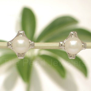 Solid 14k White Gold Square Four Hearts White Cultured Pearl Stud Earrings