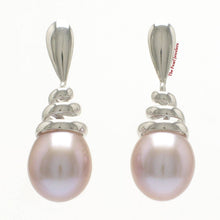Load image into Gallery viewer, Solid 14k White Gold Swirl-Top AAA Lavender Cultured Pearl Dangle Earrings
