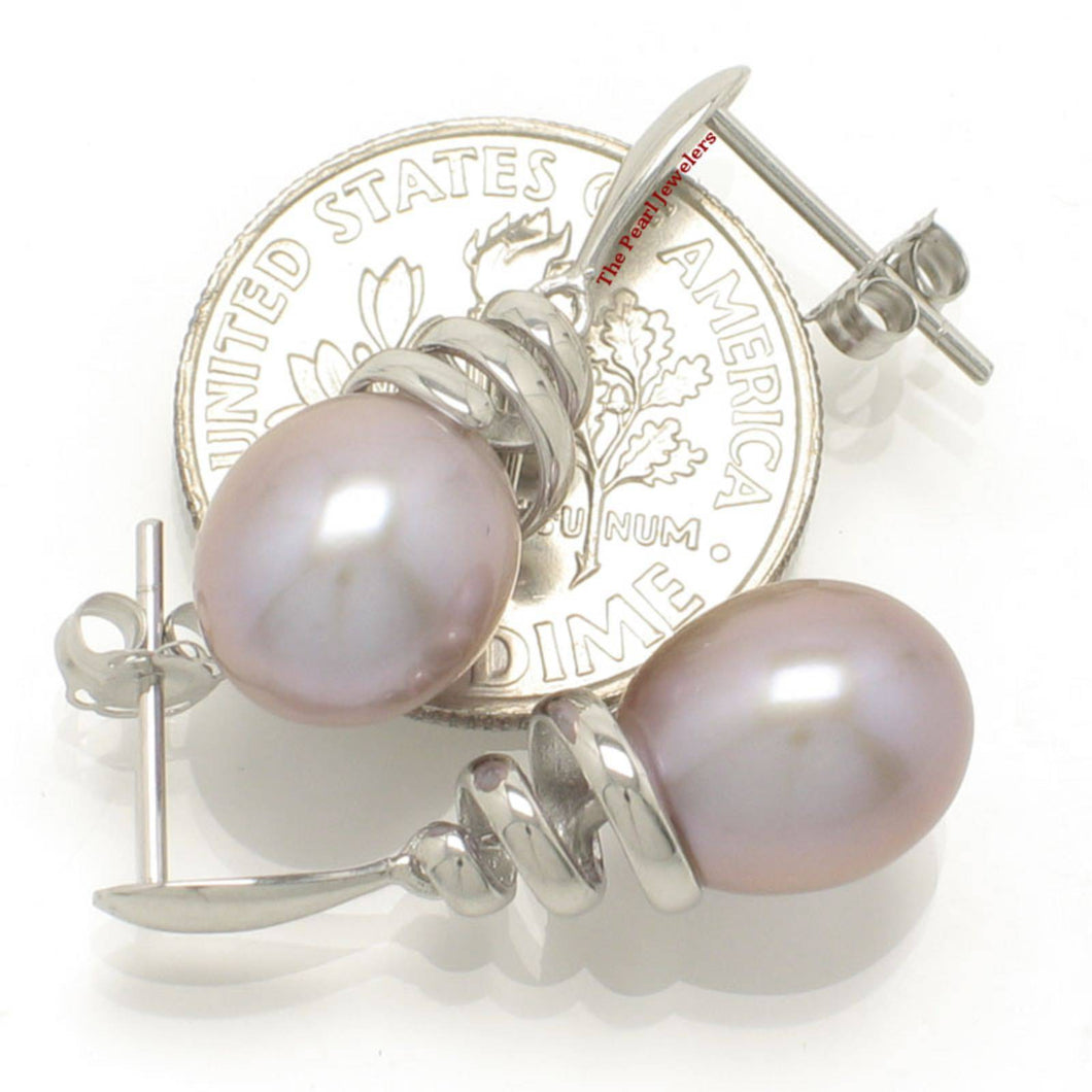 Solid 14k White Gold Swirl-Top AAA Lavender Cultured Pearl Dangle Earrings
