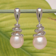Load image into Gallery viewer, Solid 14k White Gold Swirl-Top AAA Lavender Cultured Pearl Dangle Earrings