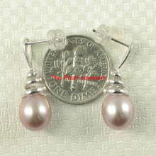 Load image into Gallery viewer, Solid 14k White Gold Swirl-Top AAA Lavender Cultured Pearl Dangle Earrings