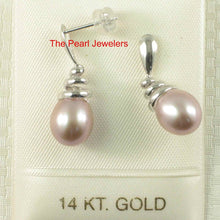Load image into Gallery viewer, Solid 14k White Gold Swirl-Top AAA Lavender Cultured Pearl Dangle Earrings