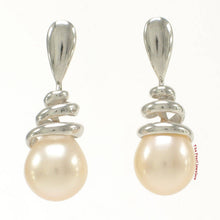 Load image into Gallery viewer, Solid 14k White Gold Swirl-Top AAA Peach Cultured Pearl Dangle Earrings