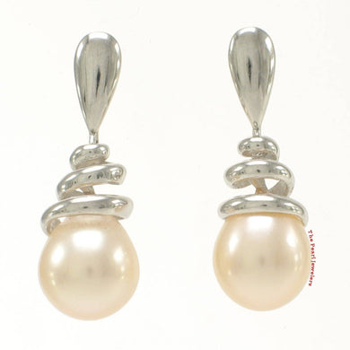 Solid 14k White Gold Swirl-Top AAA Peach Cultured Pearl Dangle Earrings