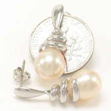 Load image into Gallery viewer, Solid 14k White Gold Swirl-Top AAA Peach Cultured Pearl Dangle Earrings