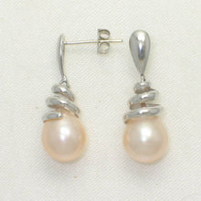 Load image into Gallery viewer, Solid 14k White Gold Swirl-Top AAA Peach Cultured Pearl Dangle Earrings