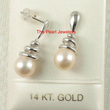 Load image into Gallery viewer, Solid 14k White Gold Swirl-Top AAA Peach Cultured Pearl Dangle Earrings