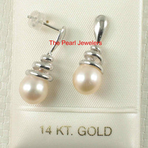 Solid 14k White Gold Swirl-Top AAA Peach Cultured Pearl Dangle Earrings