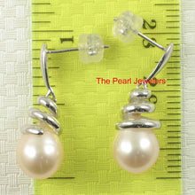 Load image into Gallery viewer, Solid 14k White Gold Swirl-Top AAA Peach Cultured Pearl Dangle Earrings