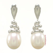 Load image into Gallery viewer, Solid 14k White Gold Swirl-Top Design White Cultured Pearl Dangle Earrings
