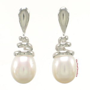 Solid 14k White Gold Swirl-Top Design White Cultured Pearl Dangle Earrings