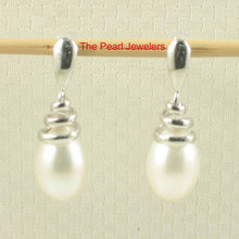 Load image into Gallery viewer, Solid 14k White Gold Swirl-Top Design White Cultured Pearl Dangle Earrings