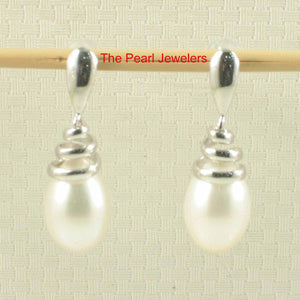 Solid 14k White Gold Swirl-Top Design White Cultured Pearl Dangle Earrings