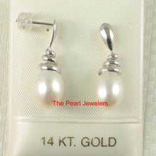 Load image into Gallery viewer, Solid 14k White Gold Swirl-Top Design White Cultured Pearl Dangle Earrings