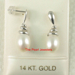 Solid 14k White Gold Swirl-Top Design White Cultured Pearl Dangle Earrings