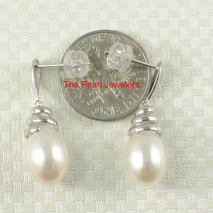 Solid 14k White Gold Swirl-Top Design White Cultured Pearl Dangle Earrings