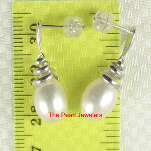 Solid 14k White Gold Swirl-Top Design White Cultured Pearl Dangle Earrings
