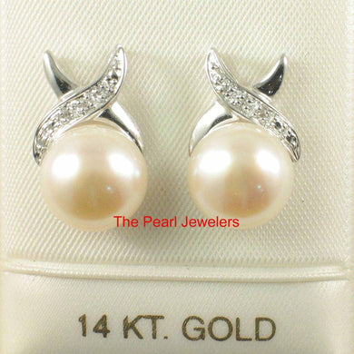 Solid 14k White Gold X-Design Diamond Peach Pearl Stud Earrings