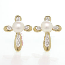 Load image into Gallery viewer, Solid 14k Yellow Gold Cross-Design Diamond &amp; White Pearl Stud Earrings