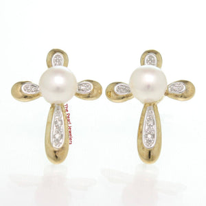 Solid 14k Yellow Gold Cross-Design Diamond & White Pearl Stud Earrings