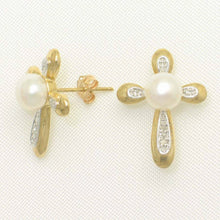 Load image into Gallery viewer, Solid 14k Yellow Gold Cross-Design Diamond &amp; White Pearl Stud Earrings