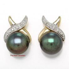 Load image into Gallery viewer, Solid 14k Yellow Gold Diamond &amp; Black Pearl Stud Earrings
