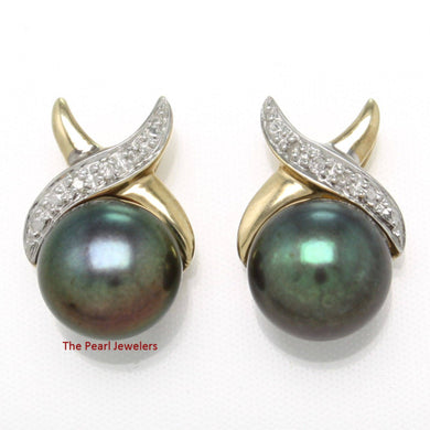 Solid 14k Yellow Gold Diamond & Black Pearl Stud Earrings