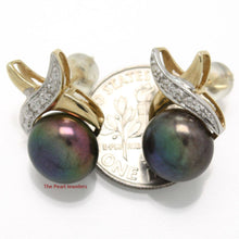 Load image into Gallery viewer, Solid 14k Yellow Gold Diamond &amp; Black Pearl Stud Earrings