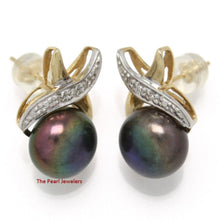 Load image into Gallery viewer, Solid 14k Yellow Gold Diamond &amp; Black Pearl Stud Earrings