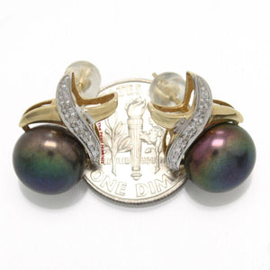 Solid 14k Yellow Gold Diamond & Black Pearl Stud Earrings