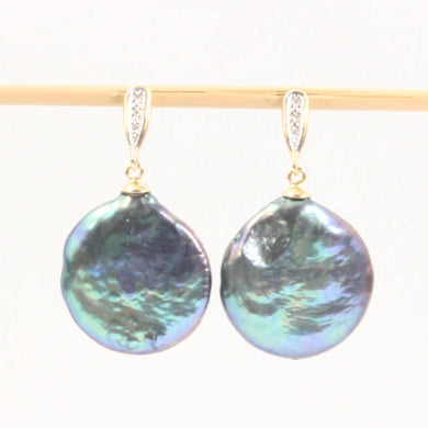 Solid 14k Yellow Gold Diamond & Black-Peacock Coin Pearl Dangle-Stud Earrings