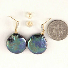 Load image into Gallery viewer, Solid 14k Yellow Gold Diamond &amp; Black-Peacock Coin Pearl Dangle-Stud Earrings