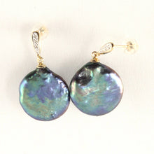 Load image into Gallery viewer, Solid 14k Yellow Gold Diamond &amp; Black-Peacock Coin Pearl Dangle-Stud Earrings