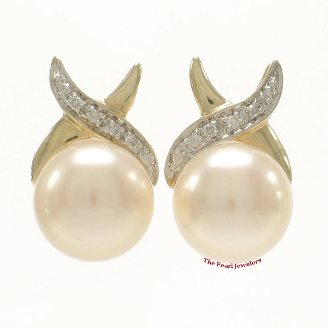 Solid 14k Yellow Gold Diamond & Peach Pearl Stud Earrings