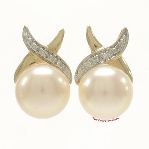 Solid 14k Yellow Gold Diamond & Cultured Pearl Post Earrings