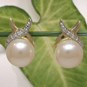Solid 14k Yellow Gold Diamond & Peach Pearl Stud Earrings