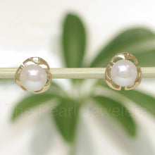 Load image into Gallery viewer, Solid 14k Yellow Gold Encircle Design White Pearl Stud Earrings