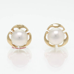 Solid 14k Yellow Gold Encircle Design White Pearl Stud Earrings