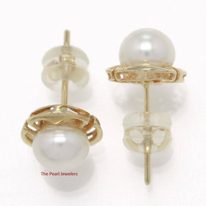 Solid 14k Yellow Gold Encircle Design White Pearl Stud Earrings