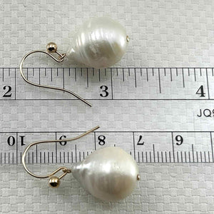 Solid 14k Yellow Gold Fish Hook Baroque White Pearl Dangle Earrings