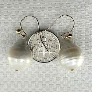 Solid 14k Yellow Gold Fish Hook Baroque White Pearl Dangle Earrings